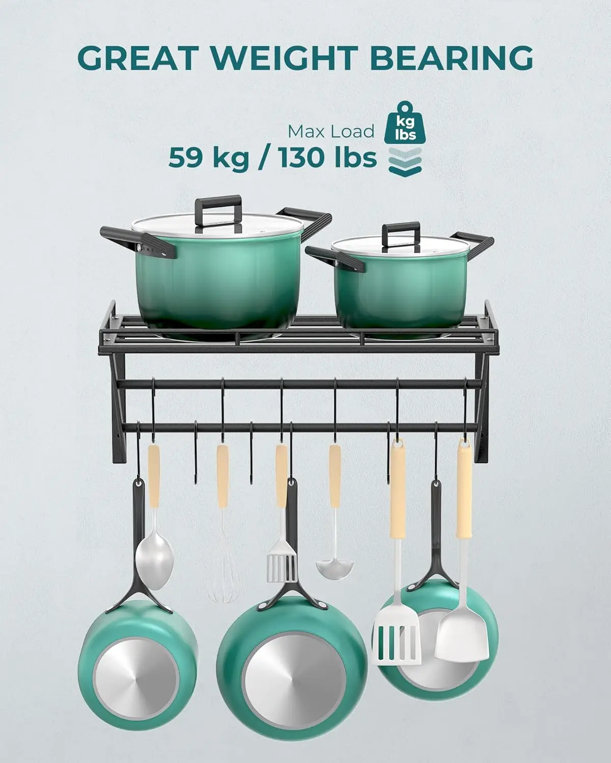 رف تخزين لرف الأوعية المثبت على الحائط مقاس 23 بوصة مع حاجز تعليق من طبقتين و12 خطافًا متضمنًا، مثالي للمقالي والأواني وأدوات الطبخ، P