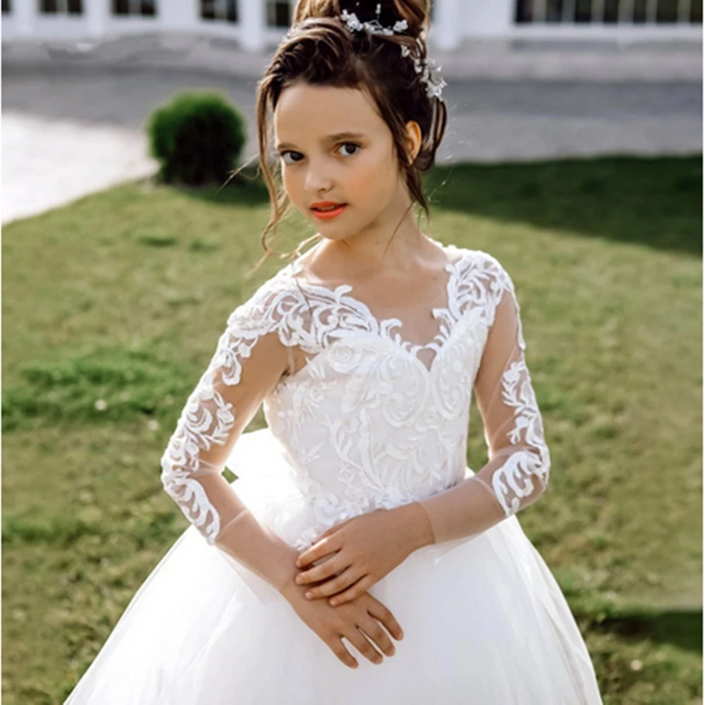 Vintage Flower Girl Dresses Long Sleeve Lace Wedding Bridesmaid Tulle Appliques Child Princess Holy Communion Pageant Gowns