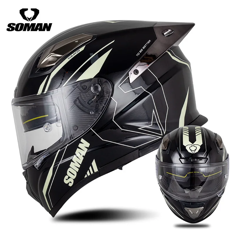SOMAN 3C Double Lens Motorcycle Full Helmet Fiberglass Space Battleship Design Unisex Biker Riding Casco Moto Protective Gear