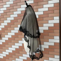 Czarne welony ślubne 2-warstwowe ręcznie robione koronkowe akcesoria ślubne Custome welon Cosplay z grzebieniem 2022