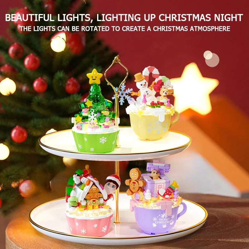 Christmas Series Building Blocks Set With Light Creative Christmas Tree Snowman Cake Diy Bricks Toys For Kids Xmas Gift