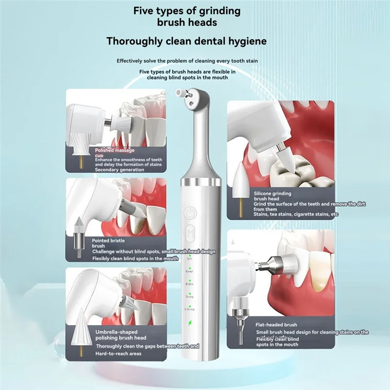 HIM-Zahnreiniger-Werkzeug mit 5 Bürstenköpfen, 5 Geschwindigkeitsmodi und LED-Licht, IPX6 wasserdichtes Zahnpolierer-Polier-Set