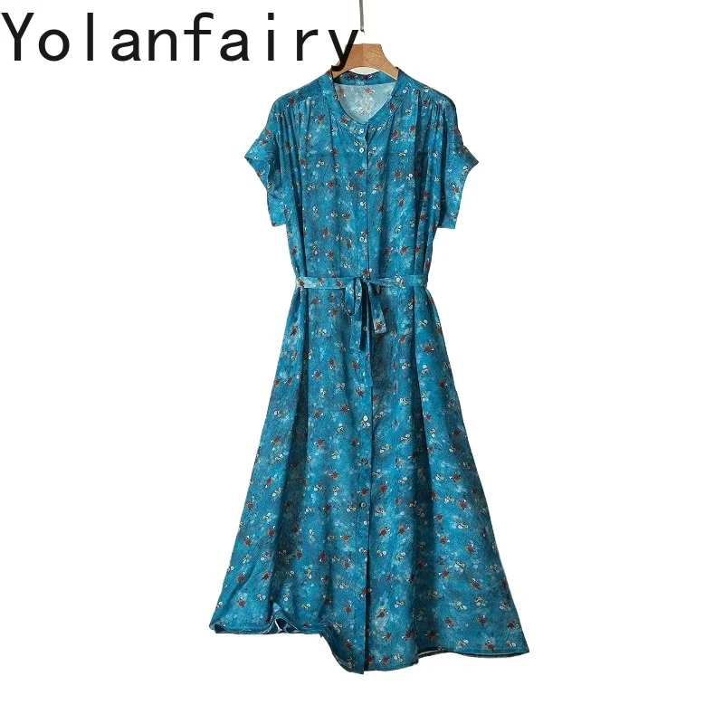 

YOLANFAIRY Super Beautiful 100% Real Mulberry Silk Dresses for Woman Summer Elegant Printed Dress Women Short Sleeve Dresses