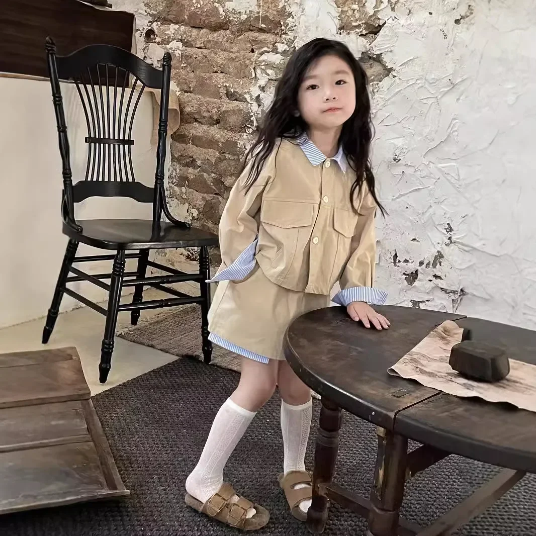 Girls Suit 2024 Autumn New Childrens Wear Korean Style Girl Baby Foreign Style Jacket Half Skirt Two-piece Set Casual Simple