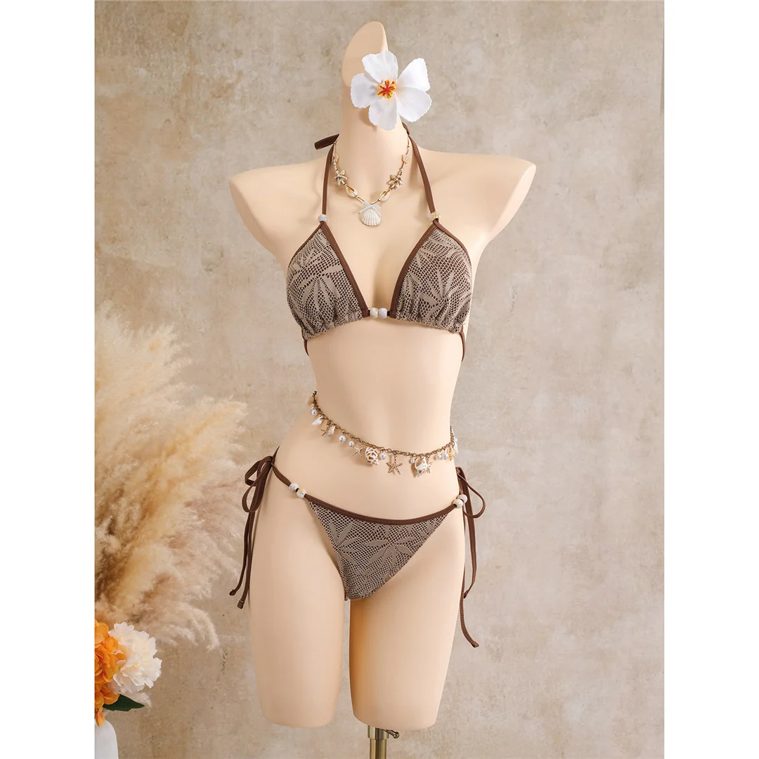 Mit Rockblättern bedruckter Neckholder-Bikini, Damen-Badeanzug, dreiteiliges Bikini-Set, Badebekleidung, Badeanzug, Schwimmbekleidung V8419 – Detail 13