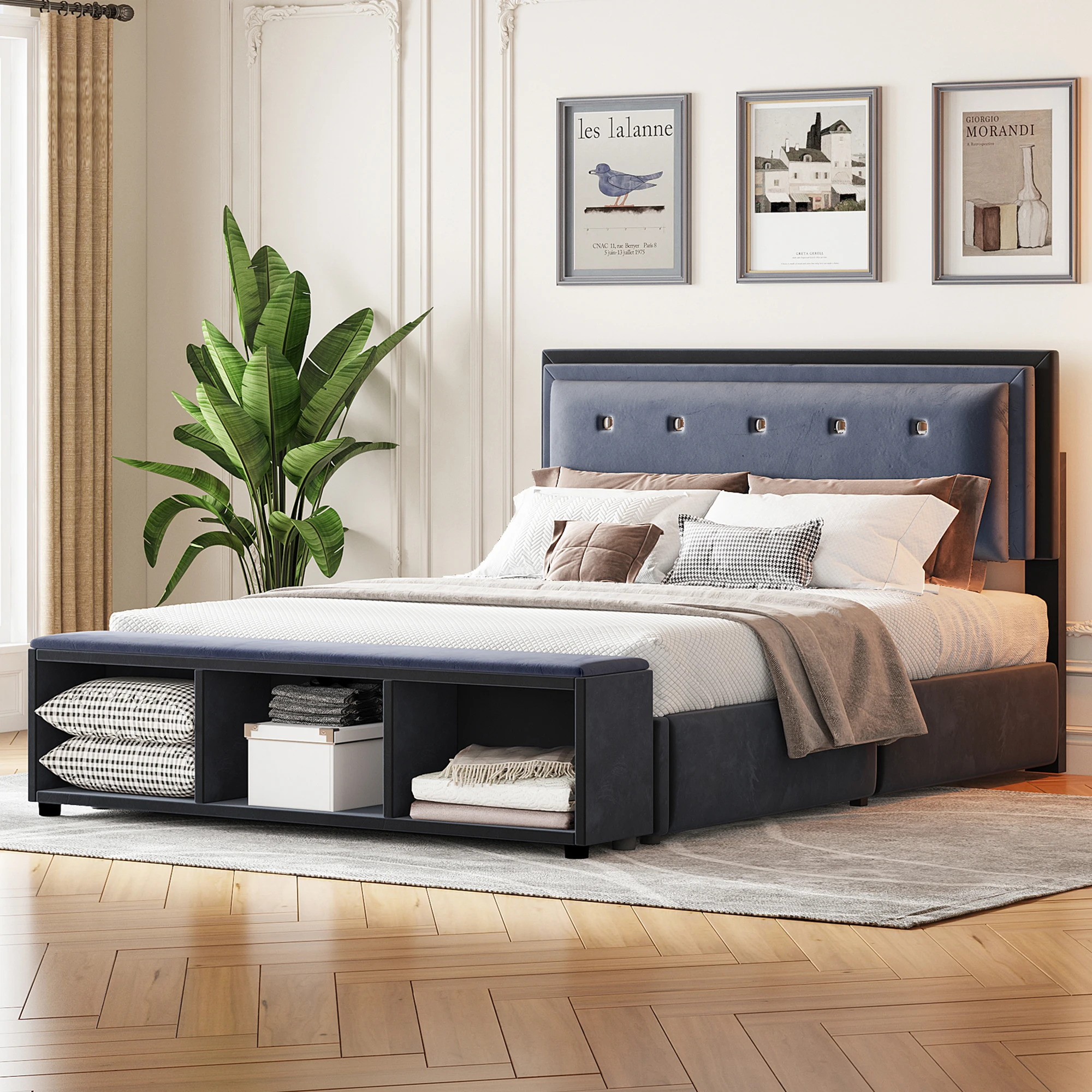 Upholstery bed 140x200 cm double bed 2-tone design height adjustable headboard with removable storage footrest, youth bed with slatted frame velvet fabric Grey