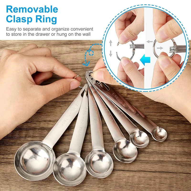 Stainless Steel Measuring Spoons Cups Set, Small Tablespoon, Teaspoons, Set 6 With Bonus Leveler, For Dry And Liquid