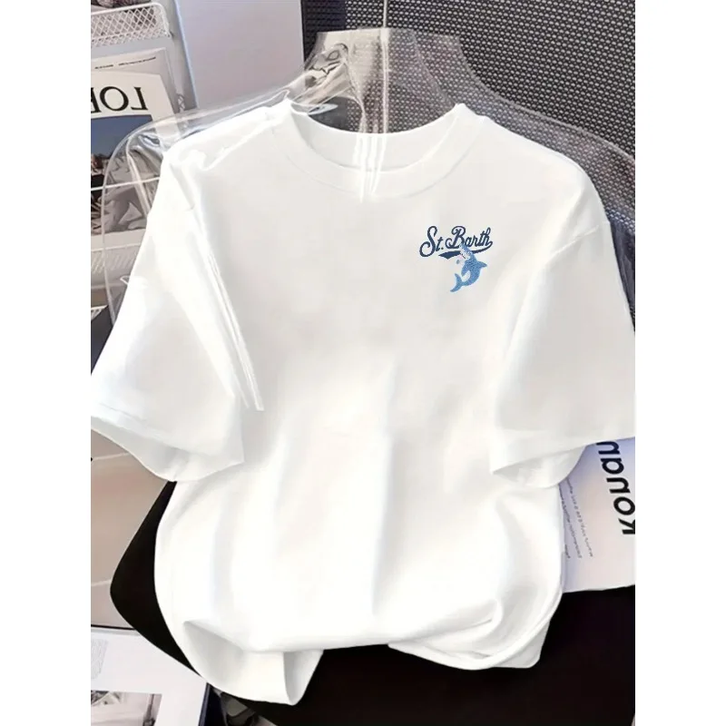 여성용 세인트 바스 쇼크 프린트 반소매 티셔츠 기하학적 패턴 디자인의 캐주얼 크루넥 탑 여성용 패션 티셔츠