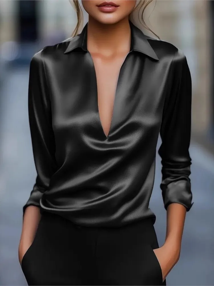 Nuevo temperamento de otoño, camisa sencilla de manga larga con cuello en V para mujer, Top elegante de Color sólido para ir al trabajo, camisa versátil elegante