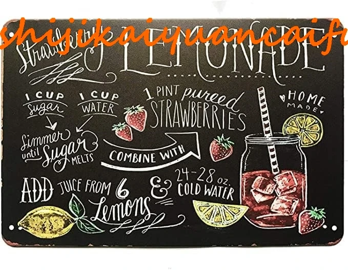 Lemonada de fresa casera, letrero de estaño de metal, placa de cartel de arte vintage, decoración de pared del hogar de cocina, 8.0 x 12.0 in (13)