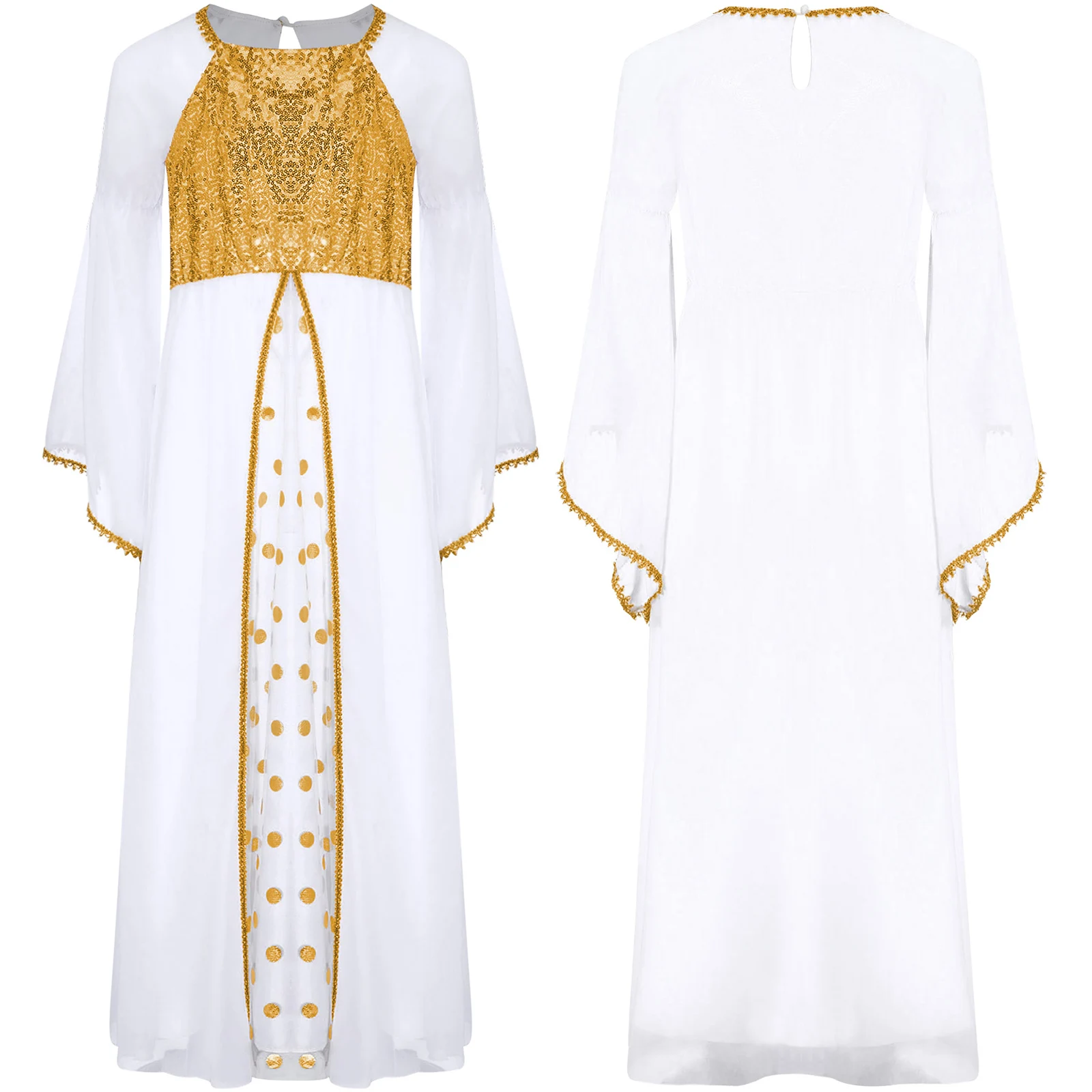 

Girl Angel Dress Halloween Cosplay Party Costume Sequins Gold Webbing Long Gown Elbow Elastic Band Flare Sleeve Flowy Long Dress