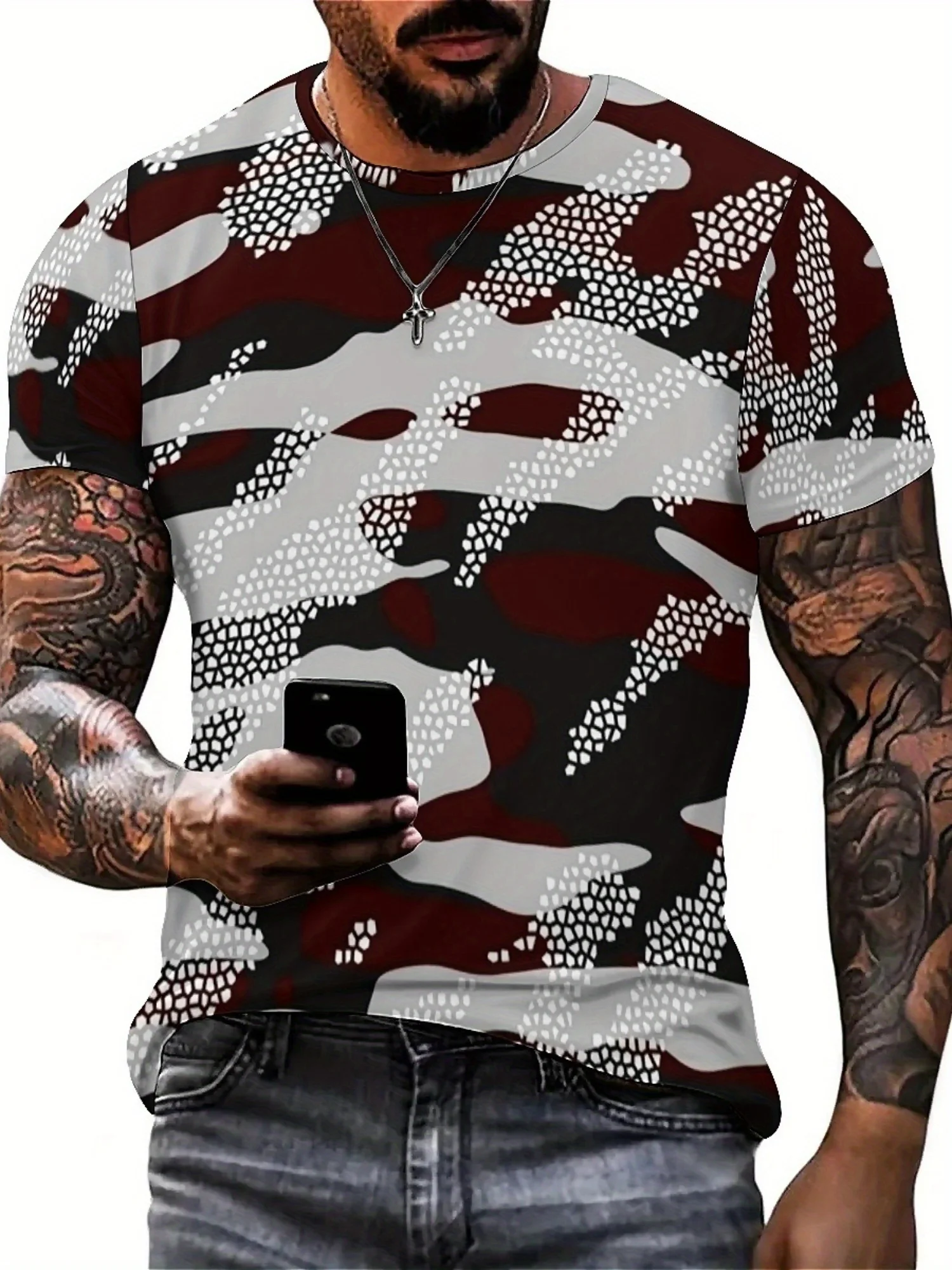 تي شيرت بأكمام قصيرة مموه هندسي مطبوع ثلاثي الأبعاد للرجال والنساء - بوليستر ناعم، مريح لجميع المواسم
