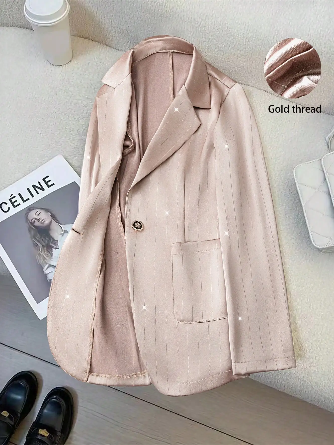 

Women's High-end Satin Long Sleeve Blazer, French Style Elegant Champagne Gold Temperament Coat