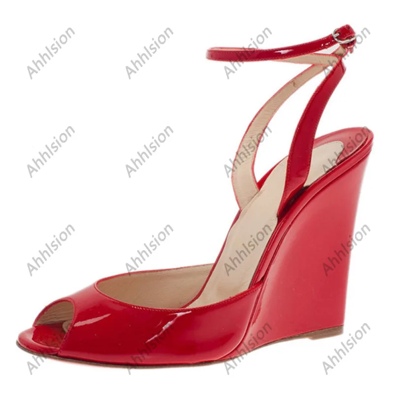 Ahhlsion Handmade Women Summer Glossy Sandals Wedges High Heels Peep Toe Pretty Red Blue Party Shoes Ladies US Size 5-20