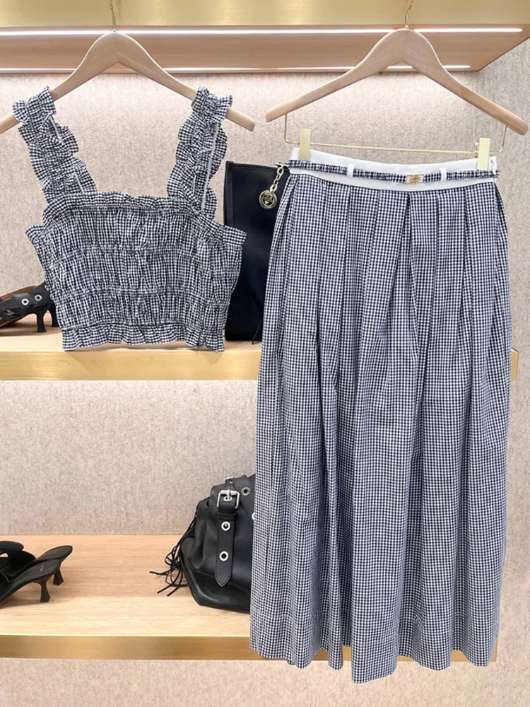 

M Home 2025: весна-лето, плиссированный платок Dr + юбка-миди с высокой талией, длинный комплект Dr, молодежный модный хлопковый костюм