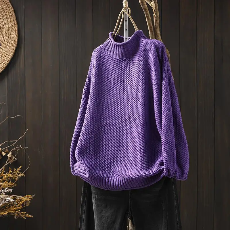 Ästhetischer Vintage-Rollkragenpullover für Damen, gestricktes kariertes Langarm-Oberteil, Oversize-Strickwaren, lässige Damenmode 2026 Neu