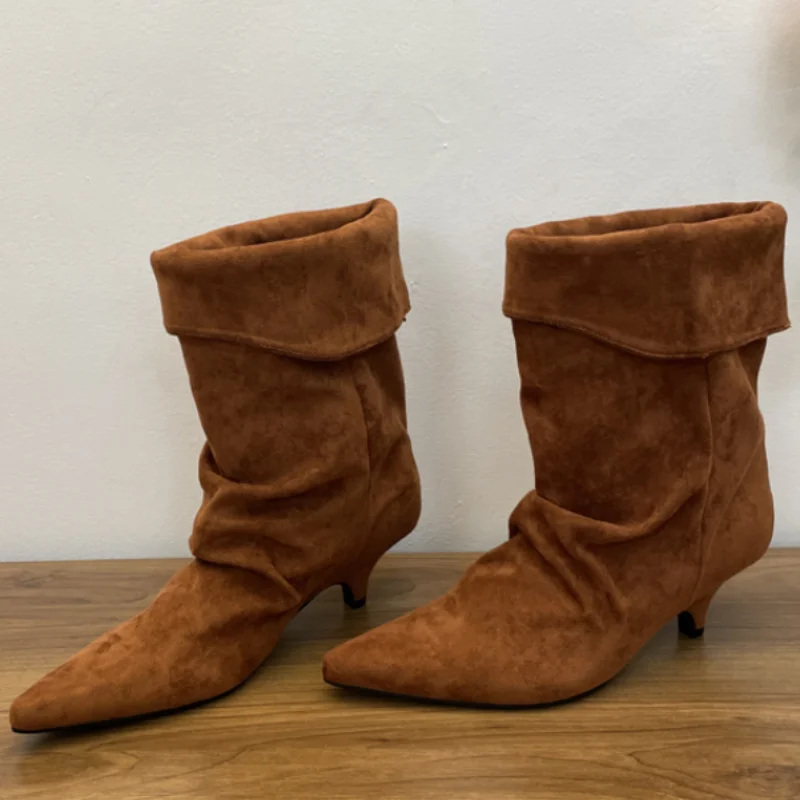 

European American Fashion Pointed Toe Ankle Boots Suede Wide Barrel Stiletto High Heel Boots Brand Designer Western Women' Boots