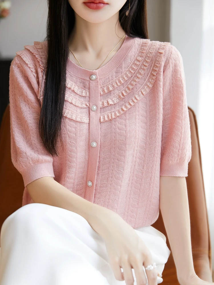 Primavera Estate New Sle T-shirt ort Sve lavorata a maglia leggera e traspirante da donna Design scavato rotondo Ne Casual Pendolarismo Fas...