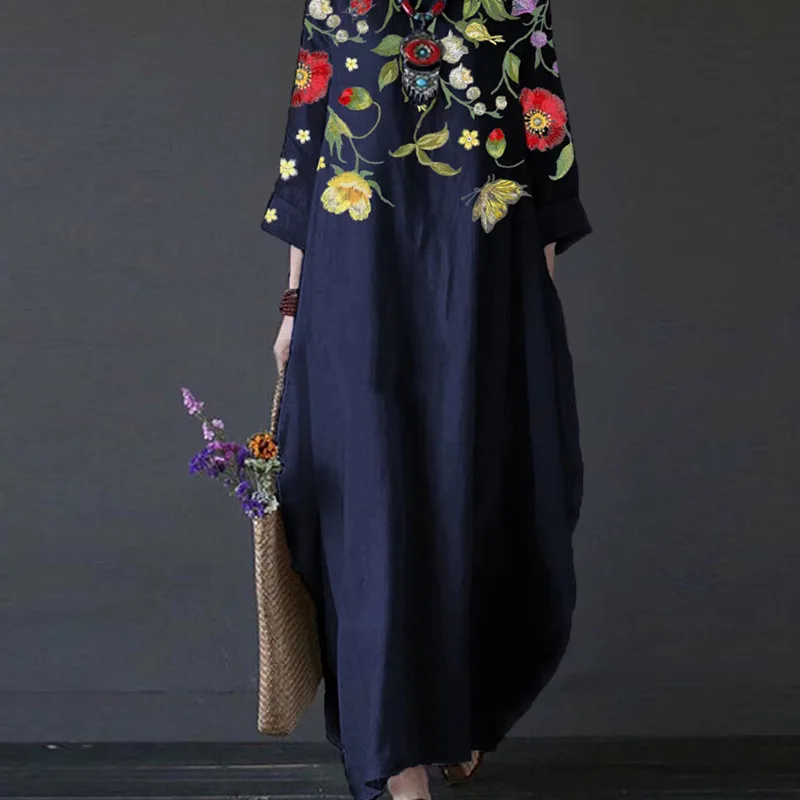 Elegant Boho Loose Swing Maxi Dress Retro Art Print 3/4 Sleeve Pocket Long Dress Casual O-Neck Office Lady Pullover Dress Mujer
