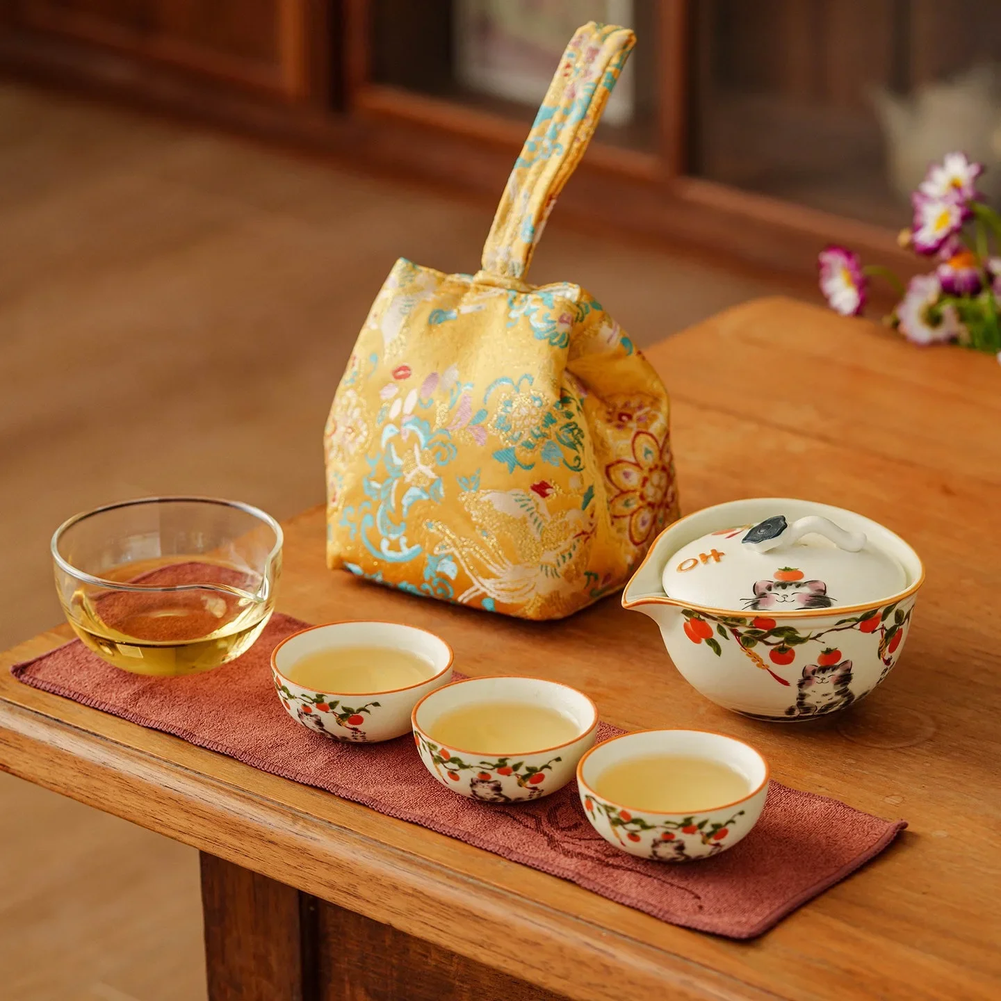 Rock Mine White Cute Cat Ceramic Hand Grab Pot Outdoor Portable Express 1 Pot 3 Cups Travel Tea Set Going Camping Tea Pot Gift