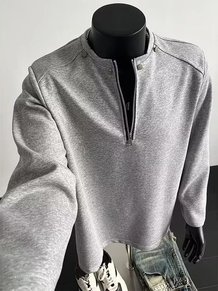 Gray Shoulder Padded Hoodie Men's Long Sleeve T-Shirt Spring American High Street Style Bottom Heavy Base Shirt