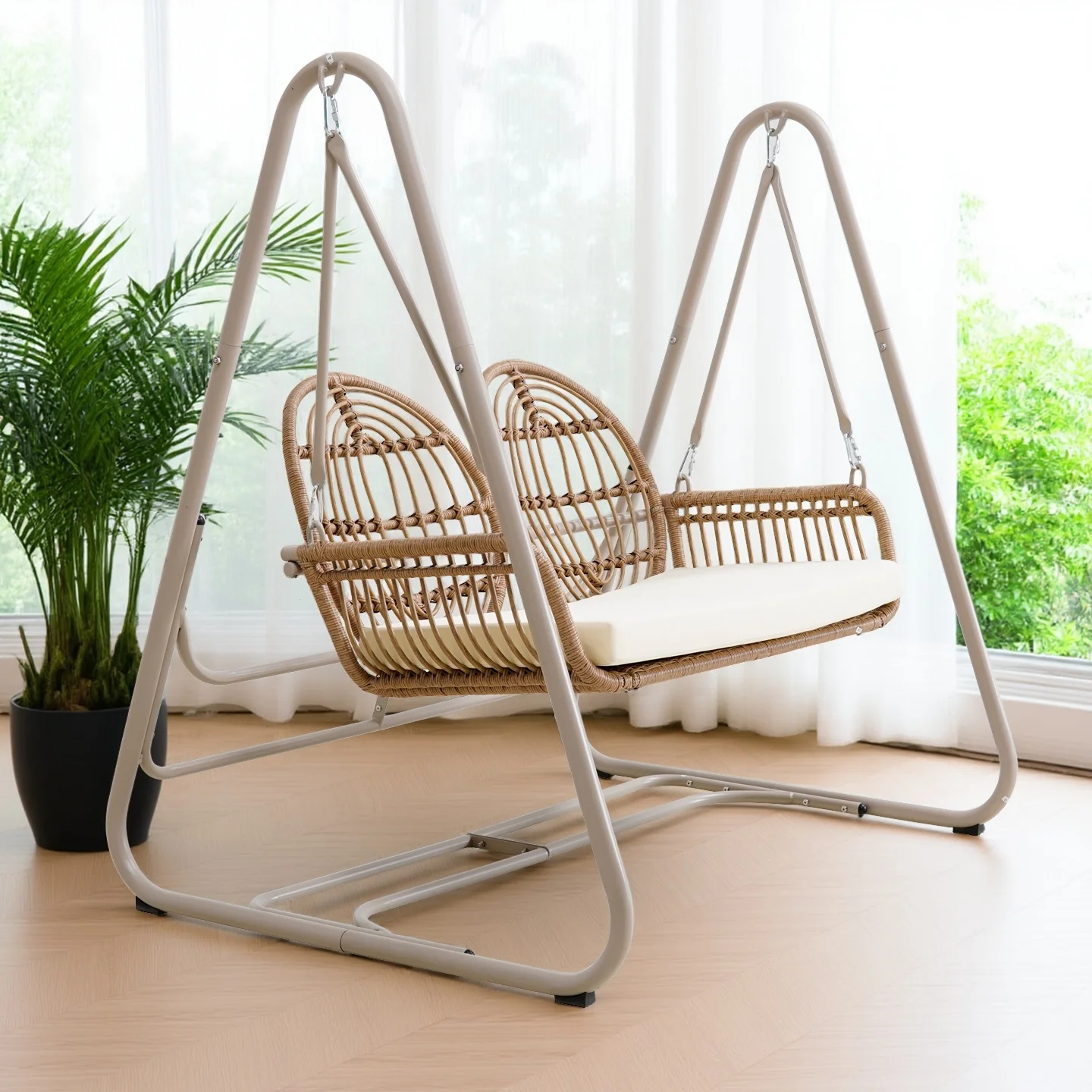 فناء الروطان سوينغ شرفة كرسي متأرجح في الهواء الطلق مقاوم للماء كرسي فيلا حديقة مزدوجة فناء أرجوحة أرجوحة الأثاث #1