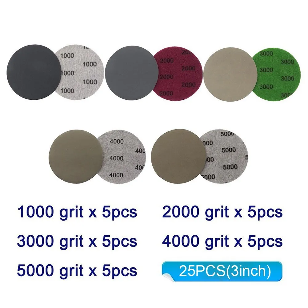 

25pcs/set 3 Inch 1000/2000/3000/4000/5000 Grit Hook&Loop Sanding Discs Polishing Sandpaper Round Sandpapers Angle Grinder