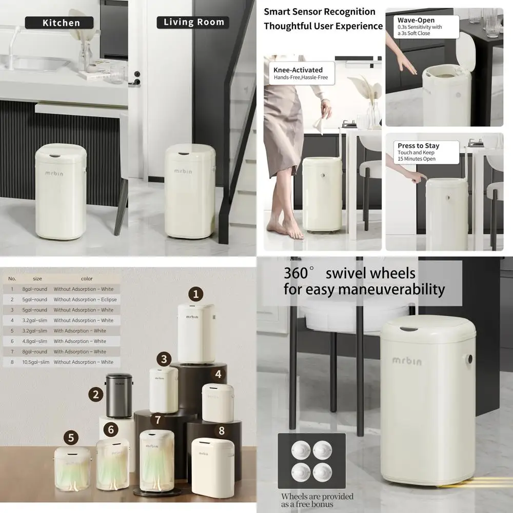 

Motion-Activated 30L Metal Kitchen Trash Can with Removable Bag, Wheeled Waste Bin for Home and Office, White
