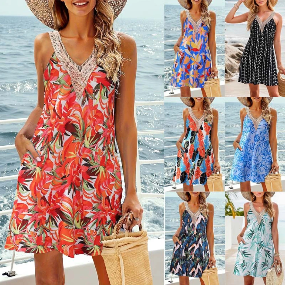 Dw 2025 ผู้หญิงฤดูร้อนชายหาดลูกไม้ V คอชุดลําลอง Tropical พิมพ์ชุดสั้นแขนกุด