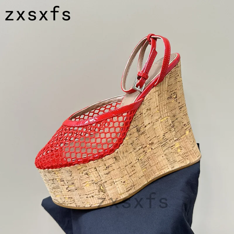 

Summer Wedge Heel Platform Sandals Women Fish Net High Heel Party Shoes Girl's Weave Leather Modern Sandalias Mujer