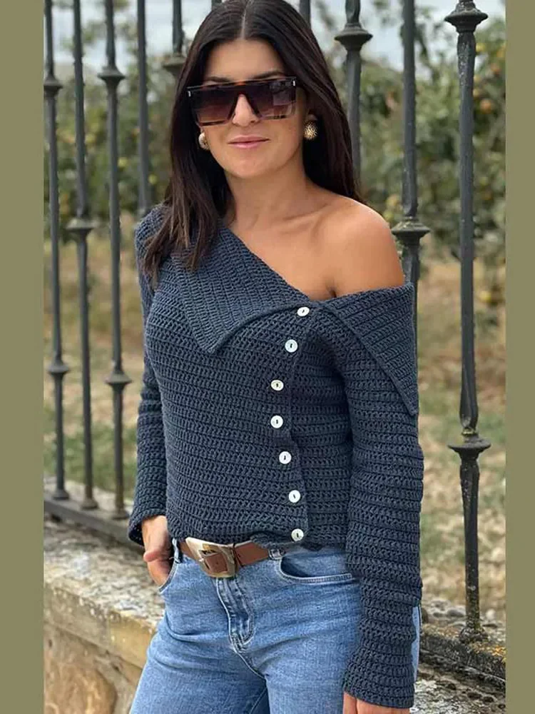 Women Elegant Solid Diagonal Collar Buttons Knitted Sweater Casual Long Sleeve Warm Pullover 2024 Autumn Lady Street Knitwear ﻿