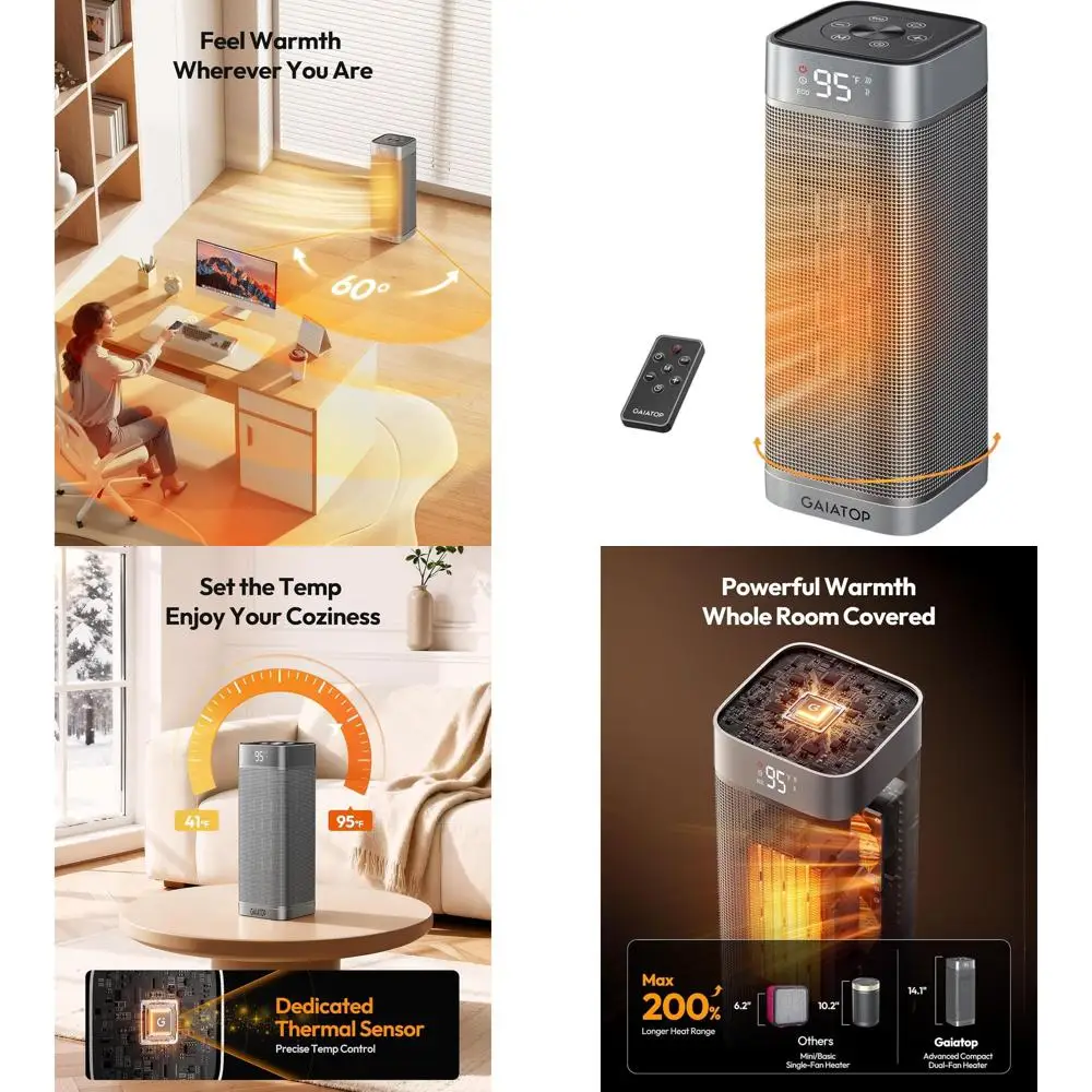 

Портативный керамический нагреватель мощностью 1500 Вт с термостатом, пультом дистанционного управления, 5 режимами, осцилляцией и 12-часовым таймером для внутреннего использования.