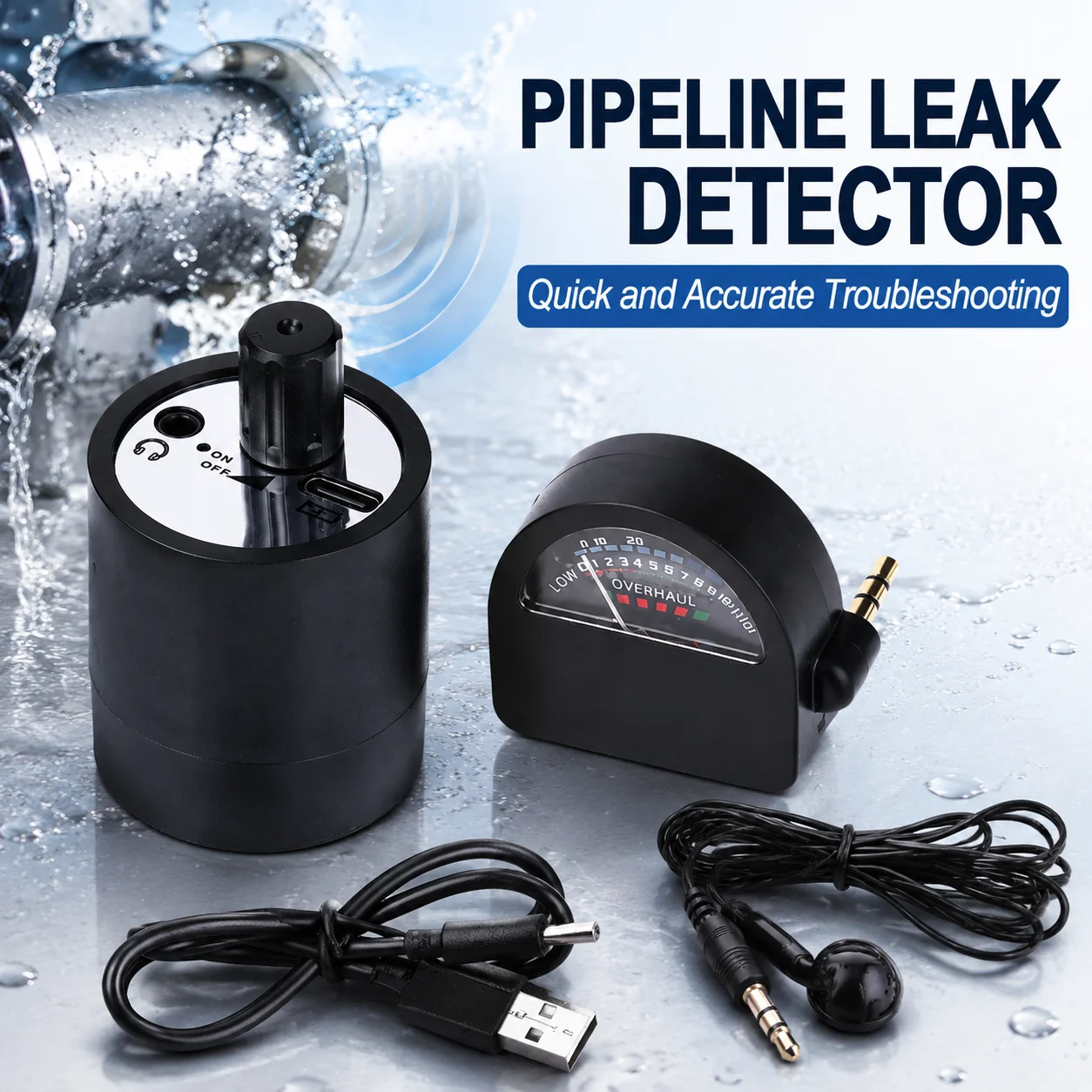 Type-C Leak Detector kit Water Mains Leak Detector Underground Pipe Leak Portable for Indoor and Outdoor with Headphones