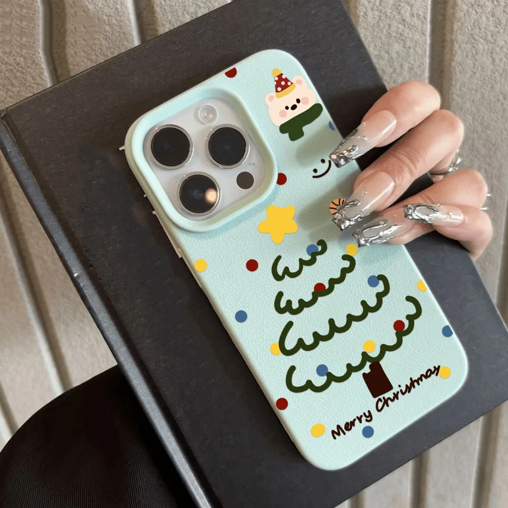 Christmas Tree Leather Painted Phone Case For iPhone 11 Pro Max 16 15 Pro 14 13 12 Cover 15 14 Plus Sockproof Protective Funda