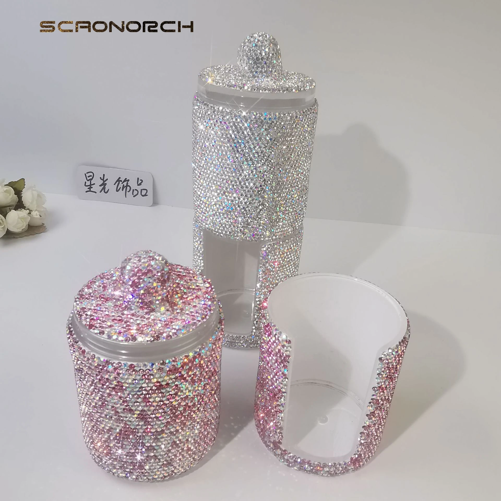 SCAONORCH Acrylic Brush Organizer with Lid Sparkling Rhinestones Cosmetic Makeup Organizer Box Round Storage Container