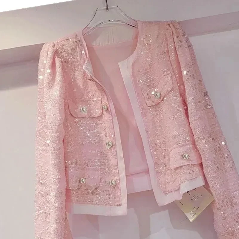 

Women's Korean Outerwear Cardigan Splicing Sequin Jacket 2024 Spring Female Long Sleeved Stylish Socialite Versatile Slim Jacket