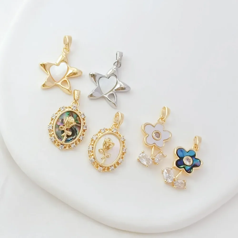 

14K Gold-plated, Zircon Inlaid with Shell, Five-pointed Star, Five-leaf Flower and Rose Pendant, DIY Handmade Bracelet Jewelry
