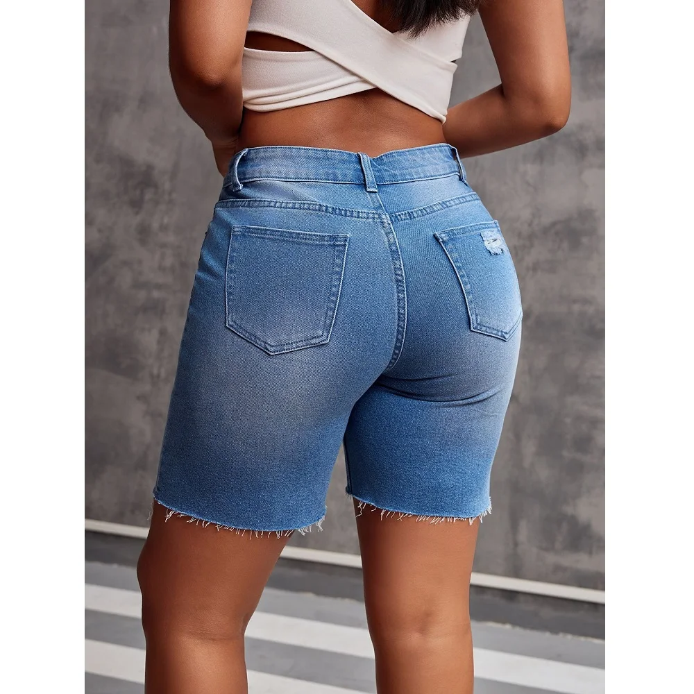 Pantalones cortos vaqueros de verano para mujer, pantalones cortos vaqueros con bolsillos de color sólido y cintura alta