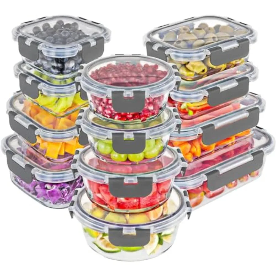 Premium Borosilicate Glass Food Storage Containers with lids Set 24pc Sets with 12 Bowls and 12 Airtight Locking Lids for Lunch