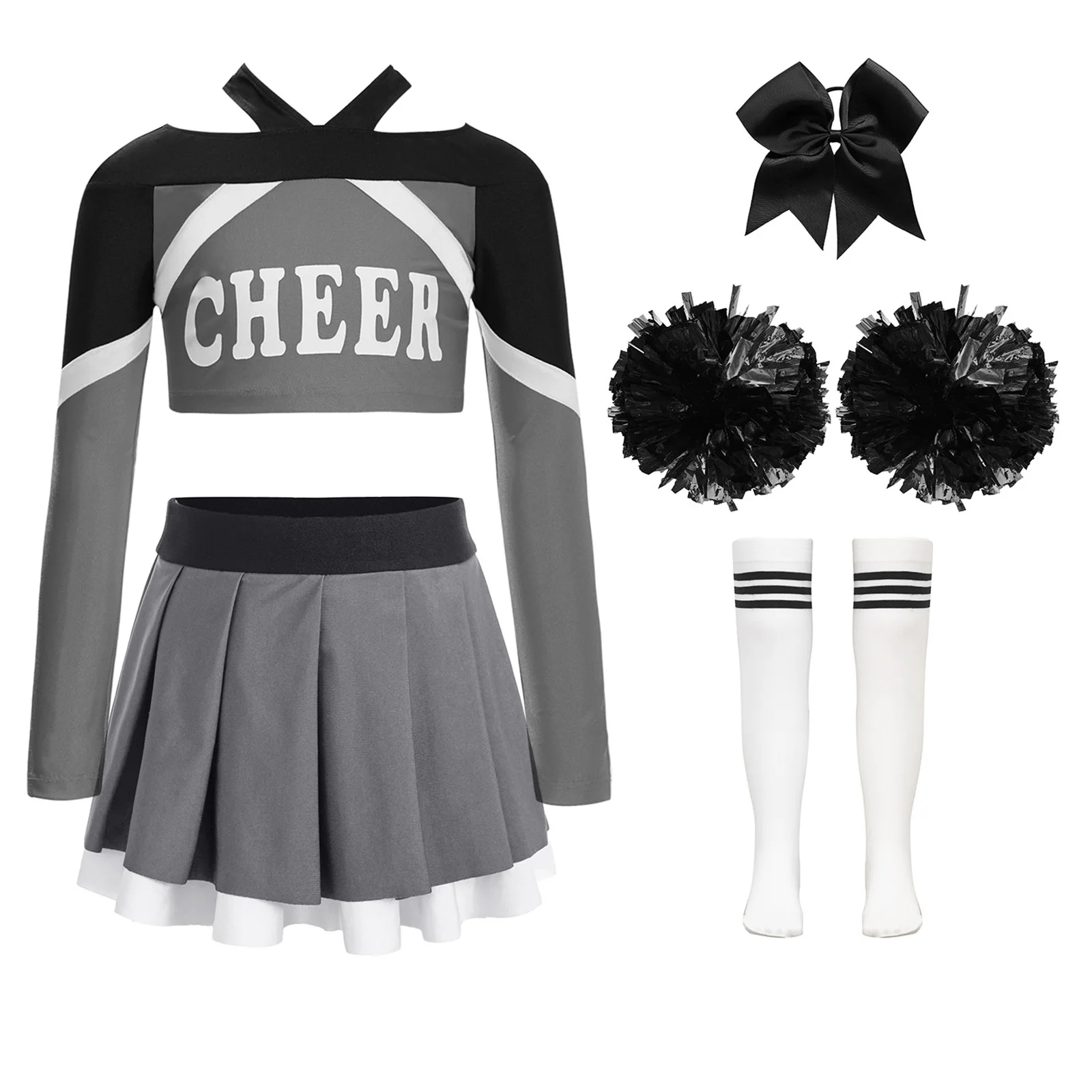 5Pcs/Set Girls Cheerleading Dance Outfit Long Sleeve Letter Print Color Block Crop Top+Pleated Skirt+Headwear+Flower Balls+Socks