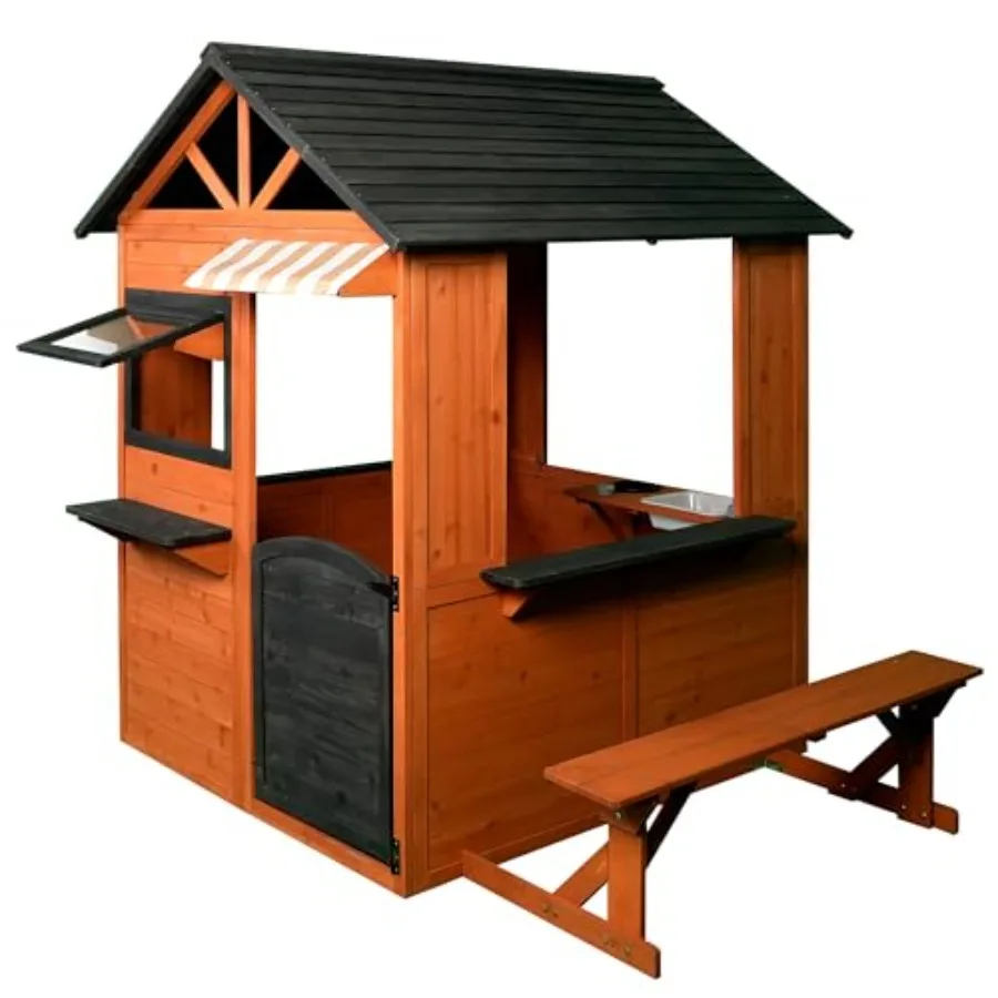 

Backyard creative toy home for kids 3+, big wooden playhouse with working door windows, side serving station bench, sink stove,