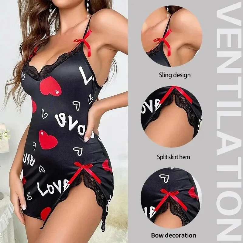 

Women Sexy Lingerie Sleepwear Love Printed Sleepshirts Halter Backless Nighties Mini Dress Nightgown Casual Pajamas