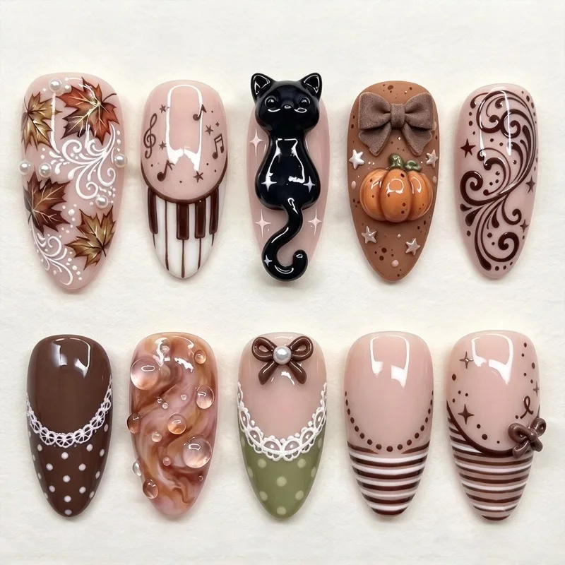 24PCS Almond Press on Nails Cute Cartoon 3D Black Cat Pumpkin Maple Leaf False Nails Autumn Bow Music Note Sweet Fake Nails Art