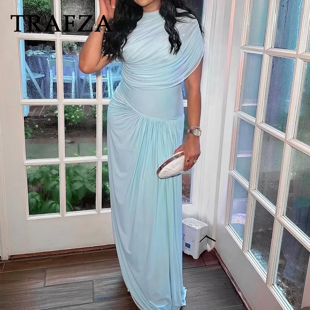 

TRAFZA Chic Blue Pleated Sheath Patchwork Woman Dresses Elegant Night Party Cape Long Dress Fashion 2025 Summer Holiday Vestidos
