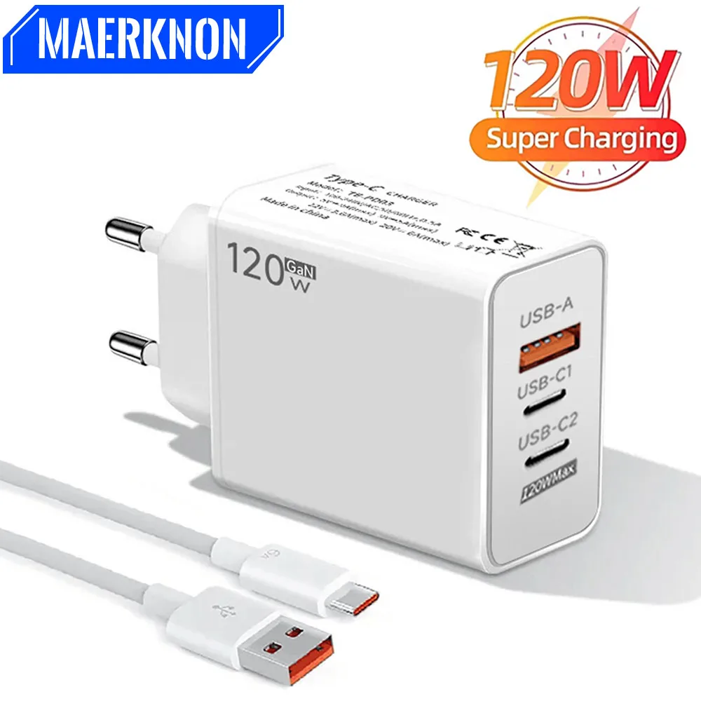 

Зарядное устройство GaN USB C, 120 Вт, 3 порта, быстрая зарядка, настенное зарядное устройство с вилкой европейского/американского стандарта, кабель типа C для быстрой зарядки Huawei Mate 40 50 60 Honor