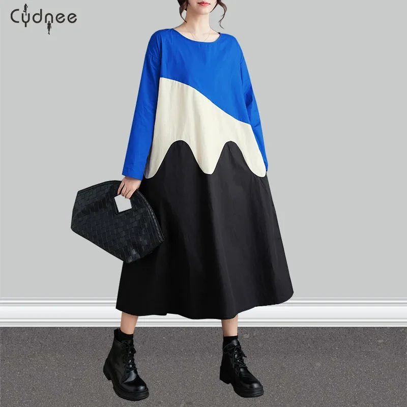 Women's Casual Long Sleeve Contracts Color Patchwork Tunic Dress Casual Crewneck Loose Patch-Applique Multicolored Shirt Dress