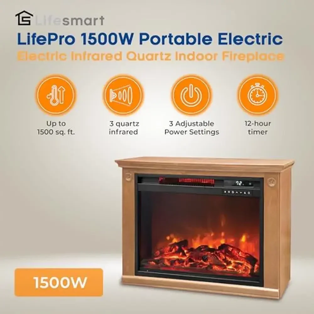 Portable Electric Infrared Quartz Fireplace Heater with 3 Heating Elements Remote & Wheels Energy Efficient 1500W Indoor Heater