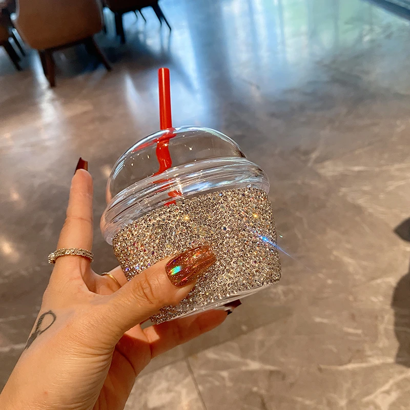 Glass Cup with Straw and Plastic Lid Rhinestone for Women Water Cup Juice Milk Coffee Transparent Bubble Mini Dundun Cup 230ml