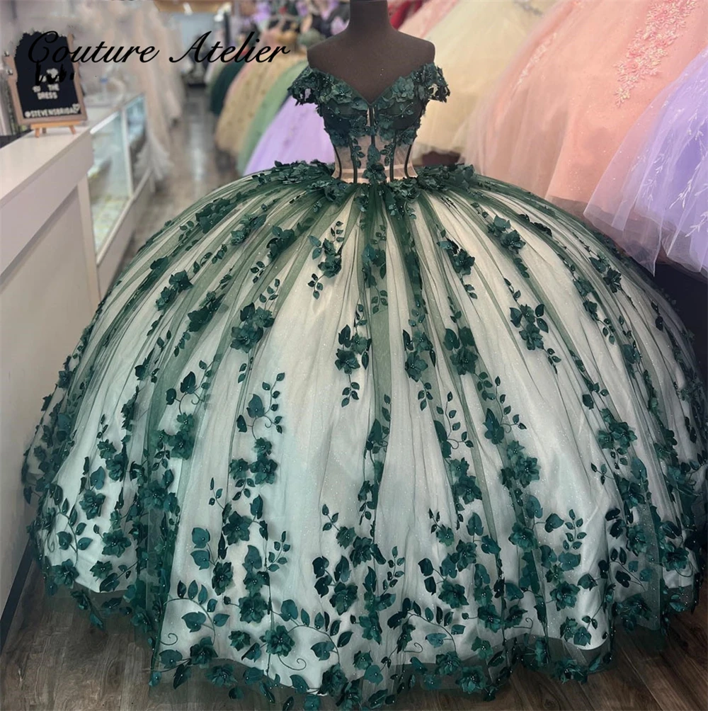 

Green Corset 3D Flowers Luxury Quinceanera Dress Off The Shoulder Ball Gown Charro Mexican Dress Wedding vestido de quince