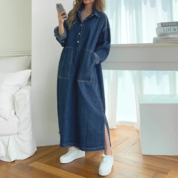 Long Dress Women Denim Dresses Turn Down Collar A Line Vestidos Maxi Mom Jeans Streetwear…